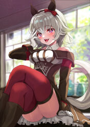 Rule 34 | 1girl, animal ears, bare shoulders, black dress, black hairband, blurry, blurry background, blush, boots, bow, breasts, brown footwear, collared dress, commentary request, crossed legs, curren chan (umamusume), dress, ear bow, ear covers, gloves, grey hair, hairband, hanamura pink, highres, horse ears, horse girl, horse tail, indoors, long sleeves, medium breasts, off-shoulder dress, off shoulder, open mouth, purple eyes, red bow, red thighhighs, short hair, sitting, smile, solo, tail, teeth, thighhighs, umamusume, upper teeth only, white gloves, window