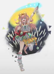 Rule 34 | 1girl, agnes digital (umamusume), animal ears, arm up, asymmetrical legwear, bead necklace, beads, belt, blue eyes, bow, crop top, dated, full body, grey background, hair bow, hand up, holding glowstick, horse ears, horse girl, horse tail, jewelry, layered skirt, long hair, looking at viewer, loose socks, navel, necklace, open mouth, outstretched arm, pink hair, shoes, single sock, single thighhigh, skirt, sleeveless, sleeveless jacket, smile, sneakers, socks, solo, standing, standing on one leg, star (symbol), tail, thighhighs, twitter username, two side up, umamusume, uneven legwear, youmicitrustea