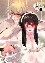 Rule 34 | 0 0, 1boy, 2girls, ^^^, absurdres, anya (spy x family), bandages, bandages over eyes, bath, bathing, bathtub, behind another, black hair, blonde hair, blood, blue eyes, blush, breasts, bubble, blowing bubbles, child, commentary, completely nude, embarrassed, english commentary, family, full-face blush, glowing, glowing eyes, hairband, highres, horn ornament, horns, husband and wife, imagining, kurenaiz (kuayrenaiz), large breasts, long hair, looking ahead, looking at another, looking away, looking to the side, mixed-sex bathing, multiple girls, nude, partially submerged, pink hair, red eyes, shared bathing, short hair, sidelocks, sitting, spy x family, stab, steam, sweatdrop, thought bubble, tile wall, tiles, trembling, twilight (spy x family), v-shaped eyebrows, water, wet, white hairband, yor briar