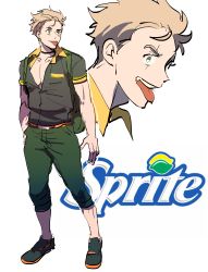 Rule 34 | 1boy, backpack, bad id, bad twitter id, bag, full body, green eyes, hand on own hip, highres, kendy (revolocities), logo, male focus, open collar, original, pectorals, personification, simple background, solo, sprite (drink), standing, tongue, tongue out, white background