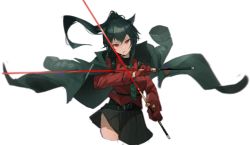 Rule 34 | arknights, black hair, black skirt, chinese commentary, collared shirt, commentary request, cropped legs, dual wielding, gloves, holding, holding sword, holding weapon, jacket, jacket on shoulders, long hair, long sleeves, looking at viewer, mooofoo, necktie, official alternate costume, ponytail, red gloves, red shirt, shirt, simple background, skirt, smoking, sword, texas (arknights), texas (willpower) (arknights), weapon, white background