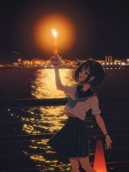 Rule 34 | 1girl, amemori sayo, aqua neckerchief, arm up, aura, bay, black hair, black sailor collar, black skirt, cake, cake slice, commentary, feet out of frame, film grain, fire, fire, flare stack, floating hair, food, forced perspective, from side, highres, holding, holding cake, holding food, looking at object, looking up, midriff peek, neckerchief, night, nijisanji, nkymyura, official alternate costume, oil refinery, one side up, open mouth, outdoors, pleated skirt, railing, reflection, reflective water, sailor collar, scenery, school uniform, serafuku, short hair, short sleeves, sideways mouth, silo, skirt, smile, solo, standing, summer uniform, traffic cone, virtual youtuber, watch, water, wristwatch