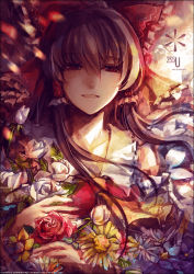 Rule 34 | 1girl, bad id, bad pixiv id, bow, brown eyes, brown hair, detached sleeves, female focus, flower, hair bow, hakurei reimu, japanese clothes, long hair, miko, nature, red flower, red rose, rose, sinsora, smile, solo, sunflower, touhou, upper body, white flower, white rose