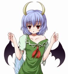 Rule 34 | 1girl, banshio, bat wings, blue hair, cosplay, ex-keine, ex-keine (cosplay), female focus, highres, horns, kamishirasawa keine, kamishirasawa keine (cosplay), off shoulder, red eyes, remilia scarlet, short hair, simple background, solo, standing, tail, touhou, white background, wings