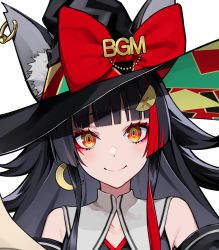 Rule 34 | 1girl, animal ears, bare shoulders, black hair, black hat, bow, closed mouth, detached sleeves, earrings, gradient eyes, hat, hololive, jewelry, lam (ramdayo), long hair, looking at viewer, multicolored eyes, multicolored hair, ookami mio, red hair, simple background, smile, solo, virtual youtuber, white background, witch hat, wolf ears, wolf girl
