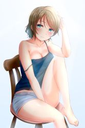 Rule 34 | 10s, 1girl, bare arms, bare shoulders, barefoot, between legs, blue background, blue eyes, blue shirt, blue shorts, breasts, brown hair, chair, cleavage, closed mouth, collarbone, commentary request, expressionless, feet, feet on chair, hair between eyes, hand on own head, highres, knee up, lens flare, looking at viewer, love live!, love live! sunshine!!, medium breasts, rama (yu-light8), see-through, shirt, short hair, short shorts, shorts, simple background, sitting, solo, strap slip, swept bangs, tank top, thighs, toenails, toes, watanabe you