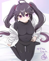 Rule 34 | 1girl, ahoge, bed sheet, black hair, black pants, black shirt, black thighhighs, blush, breasts, closed mouth, commentary request, covered collarbone, covered navel, drawstring, gradient hair, hair between eyes, highres, hood, hood down, hooded jacket, jacket, long sleeves, looking at viewer, medium breasts, multicolored hair, nichika (nitikapo), no shoes, off shoulder, open clothes, open jacket, original, pants, pinching sleeves, puffy long sleeves, puffy sleeves, purple eyes, purple hair, shirt, sitting, sleeves past wrists, smile, solo, thighhighs, translation request, twintails, wariza, white jacket