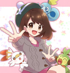 Rule 34 | 1girl, :d, blush, brown eyes, brown hair, buttons, cable knit, cardigan, collared dress, commentary request, creatures (company), double w, dress, game freak, gen 8 pokemon, gloria (pokemon), green headwear, grey cardigan, grookey, haru (haruxxe), hat, hooded cardigan, looking at viewer, nintendo, on head, open mouth, pink dress, pokemon, pokemon (creature), pokemon on head, pokemon swsh, scorbunny, smile, sobble, starter pokemon trio, tam o&#039; shanter, tongue, w