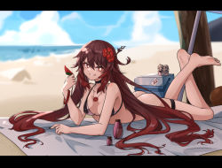 Rule 34 | 1girl, aether (genshin impact), barefoot, beach, bead bracelet, beads, bikini, bikini top only, black nails, blurry, blurry background, bottle, bottomless, box, bracelet, breasts, brown hair, carpet, character doll, choker, colored tips, commentary request, day, flower, flower-shaped pupils, food, genshin impact, hair flower, hair ornament, highres, holding, holding food, hu tao (genshin impact), jewelry, kaiven banzhang, long hair, looking at viewer, lumine (genshin impact), lying, multicolored hair, nail polish, necklace, on stomach, open mouth, outdoors, plum blossoms, popsicle, red eyes, red flower, red hair, smile, solo, swimsuit, symbol-shaped pupils, talisman, the pose, thigh strap, twintails, very long hair, watermelon bar