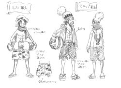 Rule 34 | 2boys, abs, character sheet, formal, full body, highres, jacket, monkey d. luffy, monochrome, multiple boys, multiple views, muscular, official art, one piece, one piece: strong world, pectorals, short hair, suit, swimsuit, translation request, usopp