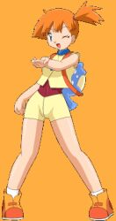 Rule 34 | 1girl, backpack, bag, creatures (company), full body, game freak, gen 3 pokemon, lowres, misty (pokemon), nintendo, one eye closed, orange footwear, orange hair, pokemoa, pokemon, pokemon (anime), pokemon rse (anime), short hair, shorts, side ponytail, sleeveless, solo, spheal, transparent background, yellow shorts