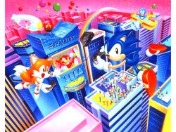 Rule 34 | 1girl, 4boys, aircraft, amy rose, balloon, black pants, blue fur, bmp-to-png conversion, building, closed eyes, company name, controller, dr. eggman, echidna (animal), facial hair, flicky (character), fox boy, furry, furry female, furry male, game console, game controller, hedgehog, knuckles the echidna, logo, multiple boys, multiple tails, mustache, non-web source, official art, one eye closed, open mouth, pants, people, pink fur, playing games, rainbow, red footwear, red fur, sega, sega saturn, shoes, skyscraper, sonic (series), sonic the hedgehog, tail, tails (sonic), two tails