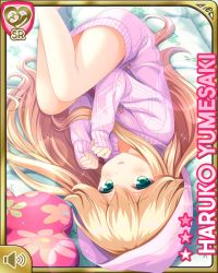 Rule 34 | 1girl, barefoot, bed, bedroom, blonde hair, bottomless, card (medium), character name, girlfriend (kari), green eyes, indoors, on side, long hair, official art, open mouth, pink sweater, qp:flapper, shy, smile, sweater, tagme, yumesaki haruko