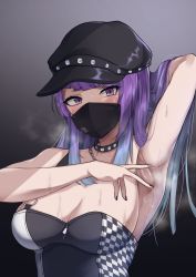 Rule 34 | 1girl, arm behind head, armpits, bare shoulders, baseball cap, black background, black choker, black hat, black mask, black tube top, blush, breasts, chain, chain necklace, checkered clothes, checkered shirt, choker, commentary, diagonal bangs, gradient background, gradient hair, hair lift, hand in own hair, hat, highres, hot, idolmaster, idolmaster shiny colors, jewelry, long hair, looking at viewer, mask, medium breasts, mouth mask, multicolored hair, nail polish, necklace, presenting armpit, purple eyes, purple hair, purple nails, ryouten9, shirt, sidelocks, single strap, sleeveless, smell, solo, spread armpit, steaming body, strapless, studded choker, sweat, symbol-only commentary, tanaka mamimi, tube top, underbust, upper body