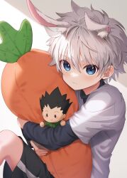 Rule 34 | 1boy, animal ears, blue eyes, blush, carrot-shaped pillow, character doll, child, closed mouth, extra ears, gon freecss, highres, holding, holding pillow, hugging object, hunter x hunter, killua zoldyck, layered sleeves, long sleeves, looking at viewer, male focus, pillow, pillow hug, rabbit ears, shirt, short hair, short over long sleeves, short sleeves, sitting, stuffed carrot, usami (usami l), white hair, white shirt