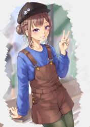 Rule 34 | 1girl, arm support, badge, black hat, blue shirt, braid, brown hair, button badge, cabbie hat, collarbone, commentary request, funyariko, green hair, green nails, grin, hair bun, hand up, hat, highres, long sleeves, multicolored hair, multicolored nails, nail polish, original, overall shorts, overalls, pantyhose, purple eyes, shirt, single hair bun, smile, solo, streaked hair, white nails