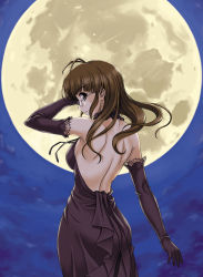 Rule 34 | 00s, 1girl, akizuki ritsuko, alternate costume, antenna hair, arm up, back, backless dress, backless outfit, bare back, bare shoulders, black dress, black gloves, breasts, closed mouth, dress, elbow gloves, evening gown, expressionless, female focus, floating hair, formal, full moon, glasses, gloves, hair down, halterneck, halterneck, hida tatsuo, idolmaster, idolmaster (classic), idolmaster 1, large breasts, looking at viewer, looking back, matching hair/eyes, moon, night, night sky, outdoors, sky, solo
