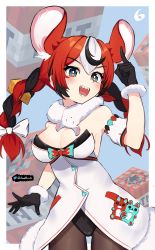 Rule 34 | 1girl, absurdres, animal ears, black hair, blue eyes, breasts, cheese, cosplay, explosive, food, hakos baelz, hamllock, highres, hololive, hololive english, medium breasts, minecraft, mouse ears, mouse girl, mousetrap, multicolored hair, red hair, streaked hair, tnt, tnt block (minecraft), usada pekora, usada pekora (1st costume), usada pekora (cosplay), virtual youtuber, white hair