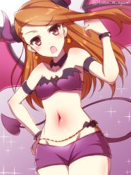 Rule 34 | 1girl, alternate costume, bare shoulders, bat wings, bracelet, brown eyes, brown hair, cowboy shot, demon girl, demon horns, demon tail, demon wings, detached collar, earrings, groin, hand on own hip, horns, idolmaster, idolmaster (classic), jewelry, long hair, looking at viewer, midriff, minase iori, navel, ookami maito, open mouth, short shorts, shorts, solo, star (symbol), star earrings, tail, twitter username, wings