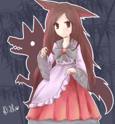 Rule 34 | 1girl, animal ears, bad id, bad pixiv id, bamboo, bamboo forest, brooch, brown eyes, brown hair, dress, female focus, forest, imaizumi kagerou, jewelry, long hair, nature, plant, satorichan, smile, solo, tail, touhou, wide sleeves, wolf, wolf ears, wolf tail