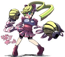 Rule 34 | 1girl, ;d, arms (game), blue eyes, character name, fang, full body, hair ribbon, kiwa (pokemonwars), long hair, looking at viewer, one eye closed, open mouth, pleated skirt, ponytail, ribbon, ribbon girl (arms), ribbon hair, shadow, shoes, simple background, skirt, smile, sneakers, sparky (arms), white background