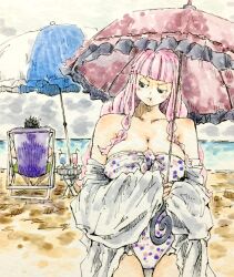 Rule 34 | 1boy, 1girl, age difference, beach, black hair, blush, braid, breasts, cheek bulge, disgust, dracule mihawk, gamenamepuipui, highres, holding, holding umbrella, jacket, jacket partially removed, large breasts, long hair, looking back, one-piece swimsuit, one piece, perona, pink hair, shiny skin, short hair, simple background, sitting, standing, swimsuit, traditional media, umbrella, very long hair, wide hips