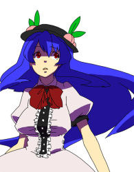 Rule 34 | 1girl, blue hair, breasts, female focus, food, fruit, german yajirobee, hat, hinanawi tenshi, long hair, peach, ribbon, simple background, solo, standing, touhou, white background