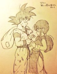 Rule 34 | 1boy, 1girl, :o, bag, black eyes, black hair, chi-chi (dragon ball), chinese clothes, couple, dirty, dirty clothes, dirty face, dougi, dragon ball, flower, long hair, looking at another, monochrome, open mouth, ponytail, short hair, simple background, smile, son goku, spiked hair, tkgsize, translation request, wristband