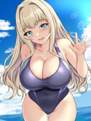 Rule 34 | 1girl, blonde hair, breasts, cloud, cloudy sky, competition swimsuit, cowboy shot, day, dolphin wave, highres, kirahoshi kanna, large breasts, long hair, montemasa, ocean, one-piece swimsuit, open mouth, sky, sunlight, swimsuit, water