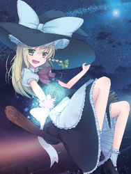 Rule 34 | 1girl, bad id, bad pixiv id, blonde hair, bobby socks, bow, braid, broom, broom riding, cityscape, female focus, hair bow, hand on headwear, hat, kirisame marisa, long hair, magic circle, mary janes, mini-hakkero, muranisaki, night, night sky, open mouth, shoes, side braid, sidesaddle, sky, smile, socks, solo, star (sky), starry sky, touhou, witch, witch hat, yellow eyes
