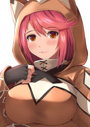 Rule 34 | 1girl, :3, alternate costume, animal ears, animal hood, blush, breasts, cloak, closed mouth, fingerless gloves, gloves, hand on own chest, highres, hood, hood up, hoodie, kanzaki kureha, large breasts, lips, looking at viewer, nintendo, pyra (xenoblade), red hair, short hair, simple background, smile, solo, swept bangs, white background, xenoblade chronicles (series), xenoblade chronicles 2