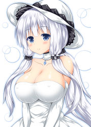 Rule 34 | 1girl, azur lane, bare shoulders, blue eyes, blush, breasts, choker, cleavage, collarbone, dress, elbow gloves, covered erect nipples, gloves, hair ornament, hat, illustrious (azur lane), large breasts, long hair, looking at viewer, nagana sayui, off-shoulder dress, off shoulder, simple background, smile, solo, sun hat, tri tails, v arms, white background, white dress, white gloves, white hair