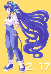 Rule 34 | 1girl, absurdly long hair, dated, full body, gomamiso (gomamiso sp), hand on own hip, long hair, miwajou, original, simple background, sleeves rolled up, smile, solo, very long hair, yellow background