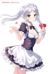 Rule 34 | 1girl, apron, black shirt, black skirt, breasts, cleavage, commentary request, cowboy shot, frieren, frilled apron, frills, green eyes, heart, holding, long hair, maid, maid headdress, petticoat, pointy ears, puffy short sleeves, puffy sleeves, sebu illust, shirt, short sleeves, skirt, skirt set, small breasts, solo, sousou no frieren, standing, twintails, waist apron, white apron, white hair
