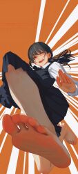 Rule 34 | 1girl, :d, barefoot, black hair, chainsaw man, chinese commentary, highres, long hair, looking at viewer, open mouth, orange eyes, ponytail, scar, scar on face, school uniform, smile, solo, teeth, wallpaper, yao liao wang, yoru (chainsaw man)