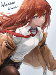 Rule 34 | 1girl, belt, black pantyhose, black shorts, blush, breasts, brown jacket, character name, closed mouth, collared shirt, commentary request, hair between eyes, highres, jacket, long hair, looking at viewer, loose necktie, makise kurisu, necktie, off shoulder, open clothes, open jacket, pantyhose, purple eyes, red hair, red necktie, shirt, shirt tucked in, short shorts, shorts, small breasts, solo, steins;gate, sterben, white belt, white shirt