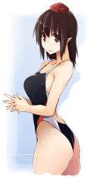 Rule 34 | 1girl, ass, bare shoulders, breasts, brown hair, competition swimsuit, cowboy shot, from side, hat, interlocked fingers, kamukamu (ars), looking at viewer, one-piece swimsuit, own hands clasped, own hands together, parted lips, pointy ears, red eyes, shameimaru aya, simple background, solo, standing, swimsuit, tokin hat, touhou, white background