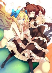 Rule 34 | 2girls, ahoge, black footwear, black headwear, blonde hair, blue eyes, blue ribbon, blunt bangs, breasts, brown eyes, brown hair, closed mouth, dress, eyepatch, frilled sleeves, frills, full body, gothic lolita, hair censor, hair over breasts, hair ribbon, hanazono yurine, hat, highres, jashin-chan, jashin-chan dropkick, kneehighs, lace, lace-trimmed legwear, lace trim, lolita fashion, long hair, long sleeves, looking at viewer, medical eyepatch, meji aniki, mini hat, monster girl, multiple girls, navel, nude, open mouth, ribbon, shoes, simple background, small breasts, socks, star (symbol), swept bangs, top hat, twintails, v, white background