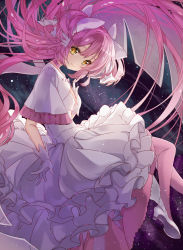 Rule 34 | 1girl, breasts, choker, dot nose, dress, floating, floating hair, frilled dress, frilled sleeves, frills, gloves, hair ribbon, hand on own chest, head tilt, high heels, highres, kaname madoka, light particles, long dress, long hair, mahou shoujo madoka magica, mahou shoujo madoka magica (anime), pink hair, pink neckwear, pink thighhighs, pumps, ribbon, sky, small breasts, solo, soul gem, star (sky), starry sky, thighhighs, ultimate madoka, very long hair, wataru kuri, white dress, white footwear, white gloves, white ribbon, wide sleeves, yellow eyes