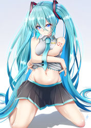Rule 34 | 1girl, absurdres, aqua hair, aqua necktie, bare shoulders, blue eyes, blue hair, bottomless, breasts, closed mouth, groin, hair between eyes, hair ornament, hatsune miku, highres, kneeling, large breasts, long hair, looking at viewer, midriff, navel, necktie, pulled by self, shadow, shirt, signature, simple background, skirt, sleeveless, smile, solo, stomach, takemura kou, thighs, twintails, very long hair, vocaloid, white background