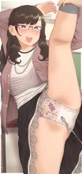 Rule 34 | 1girl, arms up, black skirt, blurry, blurry background, blush, breasts, brown hair, buttons, commentary request, feet out of frame, floral print, glasses, grey socks, highres, jewelry, kneepits, lace trim, leg up, long hair, long sleeves, looking at viewer, mole, mole on cheek, mole on crotch, necklace, open mouth, original, panties, pink panties, red-framed eyewear, ryokucha michi, shirt, skirt, socks, solo, split, standing, standing on one leg, standing split, striped clothes, striped shirt, underwear, wavy hair, white panties
