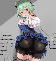 Rule 34 | 1girl, absurdres, against wall, animal ears, aqua hair, artist request, ass, ass focus, blush, breasts, cameltoe, dress, embarrassed, from behind, genshin impact, gloves, green hair, hat, highres, huge ass, long hair, looking at viewer, looking back, low ponytail, medium breasts, multicolored hair, open mouth, pantylines, ponytail, short dress, short shorts, shorts, sideboob, solo, sucrose (genshin impact), sweatdrop, thighhighs, two-tone hair, very long hair, yellow eyes