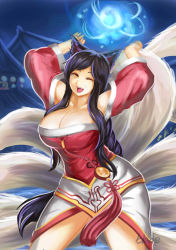 Rule 34 | 1girl, ahri (league of legends), animal ears, bad id, bad pixiv id, bare shoulders, black hair, breasts, cleavage, detached sleeves, fang, fox ears, fox tail, huge breasts, league of legends, long hair, looking at viewer, multiple tails, one eye closed, orange eyes, qblade, solo, tail, thighs, wings