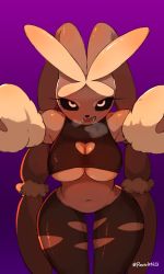 Rule 34 | 1girl, absurdres, animal ears, armpits, bare shoulders, black pantyhose, black sclera, black shirt, breasts, breath, brown fur, brown hair, cleavage cutout, clothing cutout, colored sclera, creatures (company), crop top, furry, furry female, game freak, gen 4 pokemon, heart cutout, heavy breathing, highres, iver (reviolet), large breasts, long hair, looking at viewer, lopunny, mega lopunny, mega pokemon, navel, nintendo, open mouth, outstretched arms, pantyhose, pink eyes, pokemon, pokemon (creature), pov, purple background, rabbit ears, rabbit girl, rabbit tail, revealing clothes, shirt, simple background, skindentation, solo, standing, sweater, tail, torn clothes, torn pantyhose, turtleneck, turtleneck sweater, twitter username, underboob, wide hips