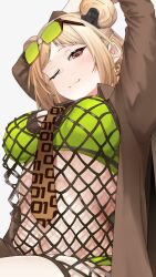 Rule 34 | 1girl, arms up, between breasts, breasts, brown coat, brown eyes, brown necktie, coat, commission, double bun, earrings, eyewear on head, fishnet top, fishnets, girls&#039; frontline, hair bun, highres, jewelry, large breasts, light brown hair, looking at viewer, medium breasts, nakiusagi, necktie, necktie between breasts, official alternate costume, one eye closed, p90 (girls&#039; frontline), p90 (the girl from b.e.l) (girls&#039; frontline), print necktie, short hair, simple background, sitting, skeb commission, solo, white background