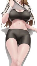 Rule 34 | 1girl, absurdres, bike shorts, breasts, brown hair, character name, cleavage, copyright name, crop top, highres, hololive, hololive dance practice uniform, large breasts, long hair, midriff, navel, official alternate costume, open mouth, simple background, solo, somebody (leiking00), sports bra, sweat, sweatband, tokino sora, virtual youtuber, white background, wiping face, wiping sweat