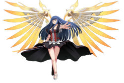 Rule 34 | 1girl, blue hair, blush, breasts, cave (developer), dress, espgaluda, green eyes, large breasts, long hair, nekonote (nekono paraiso), open mouth, seseri (espgaluda), simple background, solo, sword, very long hair, weapon, wings
