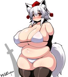 Rule 34 | 1girl, animal ear fluff, animal ears, arms behind back, artist name, big belly, bikini, black gloves, black thighhighs, blush, breasts, closed mouth, cowboy shot, dot mouth, elbow gloves, fat, gloves, hat, highres, huge breasts, inubashiri momiji, kyosuke fujiwara, medium hair, micro bikini, muffin top, pom pom (clothes), red eyes, simple background, solo, swimsuit, sword, tail, thick thighs, thighhighs, thighs, tokin hat, touhou, weapon, white background, white bikini, white hair, wolf ears, wolf girl, wolf tail
