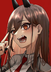 Rule 34 | 1girl, black nails, blush, brown eyes, chainsaw man, expulse, fangs, hair between eyes, highres, horns, long hair, looking at viewer, nail polish, necktie, open mouth, power (chainsaw man), red background, simple background, solo, symbol-shaped pupils, tongue