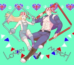 Rule 34 | 1boy, 1girl, bandana, billy kane, blonde hair, blue eyes, brother and sister, fatal fury, fingerless gloves, flag, flag print, gloves, heart, lilly kane, long hair, muscular, short hair, siblings, snk, staff, the king of fighters, three section staff, yk (waikeee)